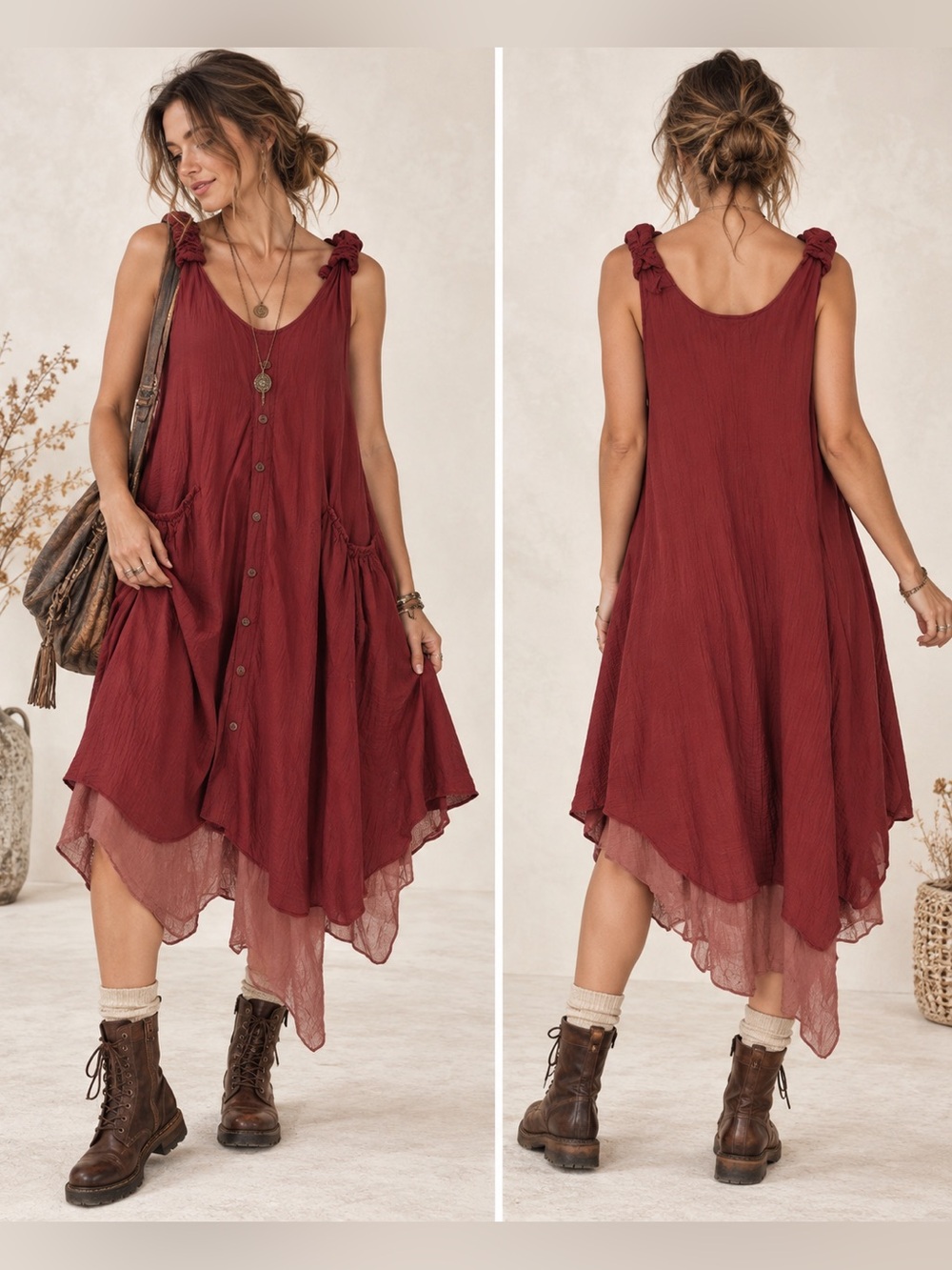 Tara Burgundy/Pink Sleeveless High-Low Front Pockets Lagenlook Dress Large